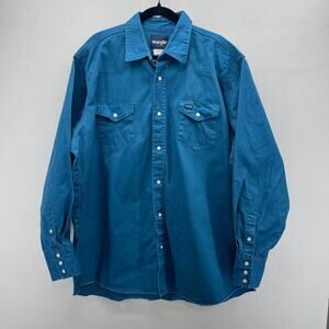 Vintage Wrangler Pearl Snap Western Shirt Mens 2XT Blue Heavy Cotton Brushpopper